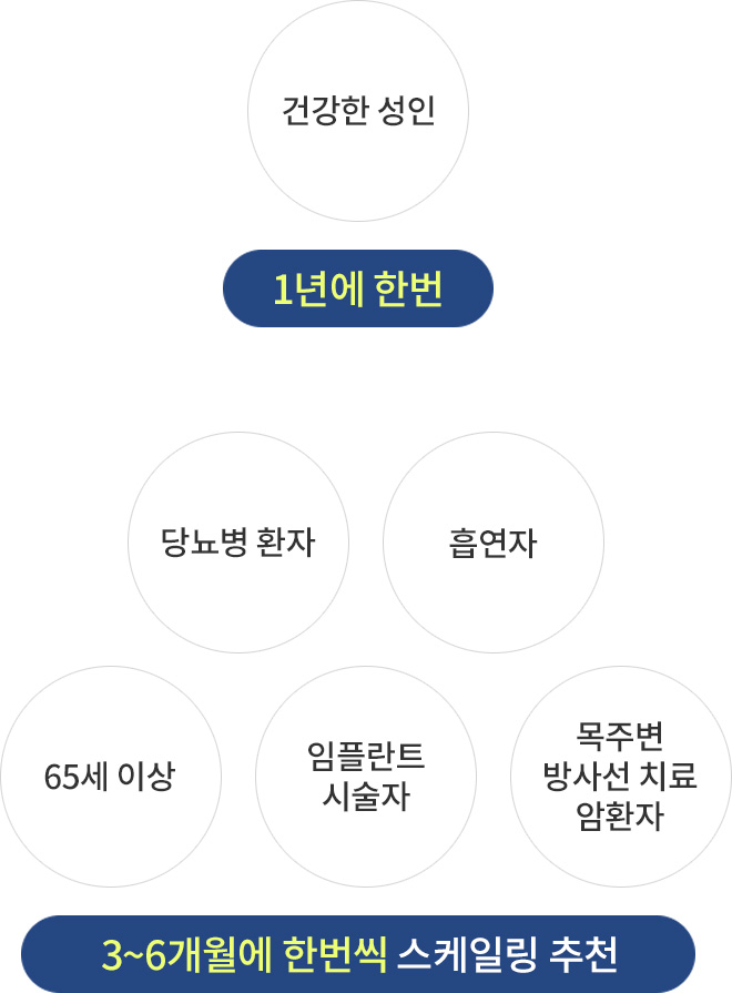 건강한 성인 - 1년에 한번 / 당뇨병 환자, 흡연자, 65세 이상, 임플란트 시술자, 목주변 방사선 치료 암환자 - 3~6개월에 한번씩 스케일링 추천