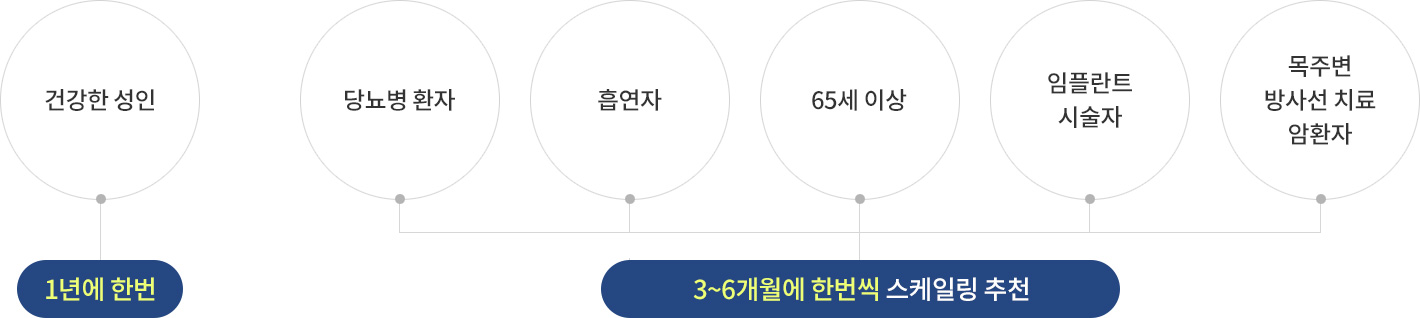 건강한 성인 - 1년에 한번 / 당뇨병 환자, 흡연자, 65세 이상, 임플란트 시술자, 목주변 방사선 치료 암환자 - 3~6개월에 한번씩 스케일링 추천